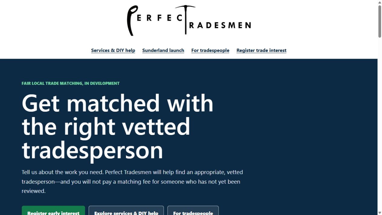 Preview of the Perfect Tradesmen website, introducing fair local trade matching and its pre-launch registration